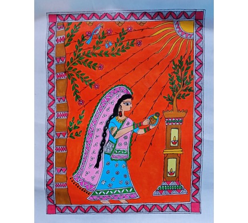 Handmade Madhubani painting  A worshipping lady 